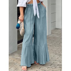 Leisure Solid Ruffle Wide Leg Pocket Pants