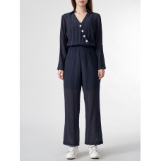 Solid Wrap Button Lapel Pocket Long Sleeve Jumpsuit