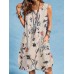 Plant Print Button Pocket Sleeveless Round Neck Print Midi Dress