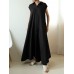 Solid Button Lapel Ruched Short Sleeve Maxi Shirt Dress