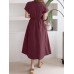 Solid Drawstring Short Sleeve Round Neck Casual Midi Dress