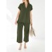 Leisure Solid Split Elastic Waist Short Sleeve Cotton Suit