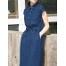 Solid Button Pocket Sash Lapel Casual Cotton Midi Dress