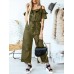 Solid Color Button Pocket Drawstring Off  shoulder Ruffle Casual Jumpsuit