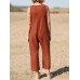 Solid Button V Neck Sleeveless Casual Cotton Jumpsuit