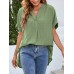 Solid Split Roll Sleeve High  Low Hem Casual Blouse