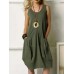 Leisure Solid Pocket Zip Sleeveless Cotton Midi Dress