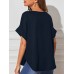 Solid V Neck Short Sleeve Loose Casual Blouse