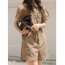 Solid Drawstring Waist Pocket Lapel Short Sleeve Cargo Romper