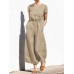 Solid Pocket Elastic Waist Short Sleeve Casual Cotton Jumpsuit