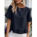 Solid Ruffle Round Neck Short Sleeve Casual Blouse