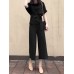 Solid Belt Pocket Rolled Sleeve Wide Leg Two Pieces Suit