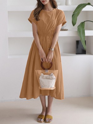 Solid Drawstring Short Sleeve Round Neck Casual Midi Dress