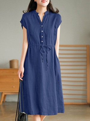 Solid Pocket Drawstring Waist Button V  neck Short Sleeve Dress