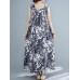 Plant Print Ruched Sleeveless Casual Maxi Cotton Dress