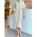 Solid Button Knotted Lapel Casual Shirt Dress