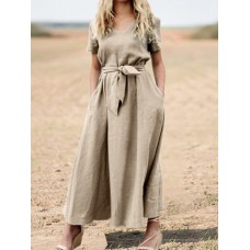 Solid Pocket Sash Short Sleeve Cotton Casual Maxi Dress