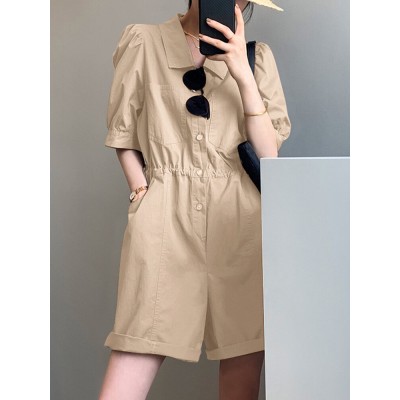 Solid Button Pocket Elastic Waist Lapel Short Sleeve Casual Romper