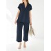 Leisure Solid Split Elastic Waist Short Sleeve Cotton Suit