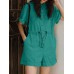 Solid Drawstring Waist Pocket Lapel Short Sleeve Cargo Romper