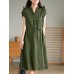 Solid Pocket Drawstring Waist Button V  neck Short Sleeve Dress