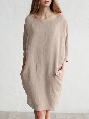 Solid Color 3 4 Sleeve O  neck Pocket Cotton Dress